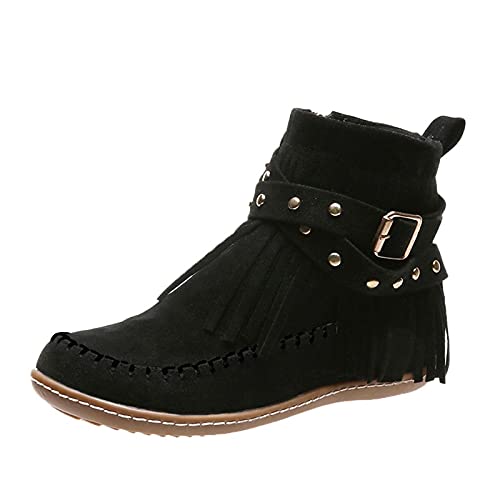 2025 Damen-Stiefel, Retro-Stil, rund, kurz, Quaste, Reißverschluss, flache Farbe, Stiefel, modisch, kurz, Schwarz , 40 EU 2025 Damen-Stiefel, Retro-Stil, rund, kurz, Quaste, Reißverschluss, flache Farbe, Stiefel, modisch, kurz, Schwarz , 40 EU von Generisch