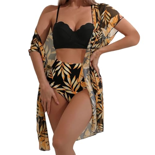 3 Stück Bikini Set mit Strandkleid für Damen Tropische Sexy Badeanzüge Strandkleid Pareos Sommer Strand Cardigan Bikini Cover Up (Stil 31, XL) von Generisch