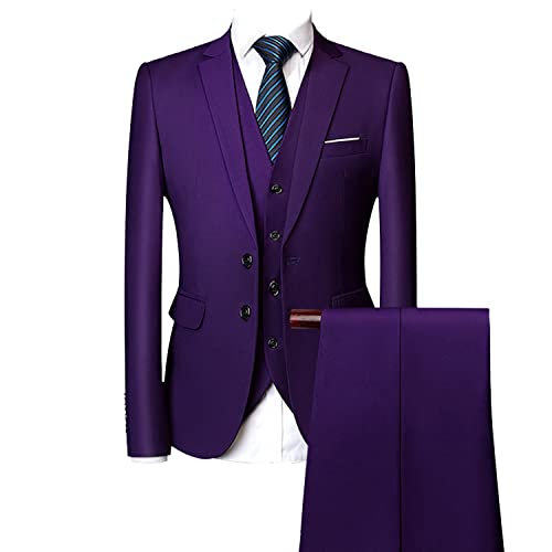 3 teiliger Slim Fit Anzug für Herren Einfarbige Business Blazer Sets mit 2 Knöpfen Casual Party Hochzeit Jacke Weste Hosen Set (5XL,Violett) von Generisch