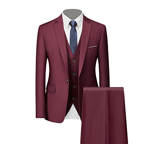 3 teiliger Slim Fit Anzug für Herren Einfarbige Business Blazer Sets mit Einem Knopf Lässiges Stilvolles Hochzeitsjacken Westen Hosen Set (Dunkelrot,XXL) von Generisch