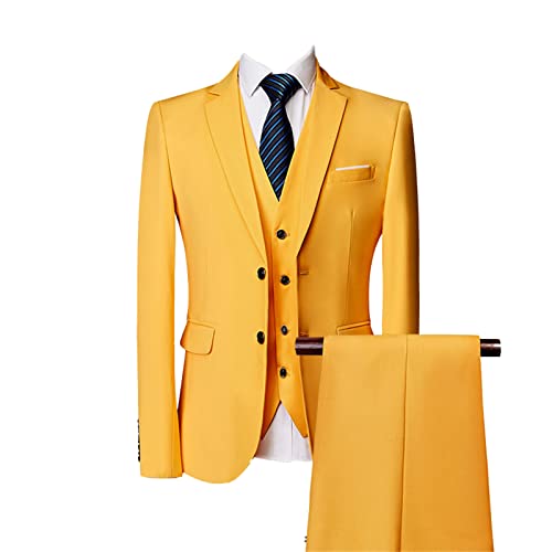 3-teiliger Slim Fit Anzug für Herren Solides Business Blazer Set mit Zwei Knöpfen Lässige elegante Hochzeitsjacke, Weste, Hose (Gelb,XXL) von Generisch