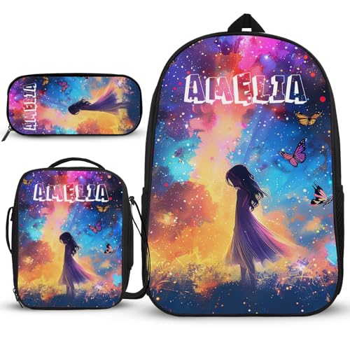 3-teiliges Rucksack-Set mit individuellem Namen, Schulrucksack, eleganter Rucksack, großer Rucksack für Teenager-Mädchen, 3-teilig, mit Federmäppchen, Crossbody-Tasche, 3 Jahre altes Mädchen, von Generisch