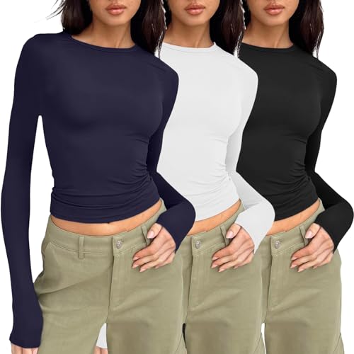 3er Pack Skims Dupe Longsleeve Damen Y2K Clothes Basic Langarmshirt Damen Skims Long Sleeve Klamotten Teenager MäDchen Pumiey Shirt Damen Y2K Top Basics Damen Long Sleeve Shirt Women von Generisch