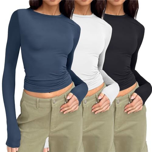 3er Pack Skims Dupe Longsleeve Damen Y2K Clothes Basic Langarmshirt Damen Skims Long Sleeve Klamotten Teenager MäDchen Pumiey Shirt Damen Y2K Top Basics Damen Long Sleeve Shirt Women von Generisch