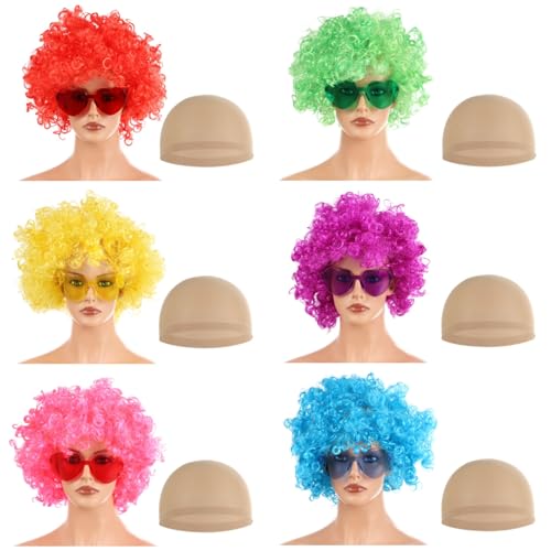 6 Stück leuchtende Neon-Clown-Perücken, gelockte Afro-Perücken mit herzförmiger Sonnenbrille, perfekt für Kostüme und Partys 6 Stück leuchtende Neon-Clown-Perücken, gelockte Afro-Perücken mit herzförmiger Sonnenbrille, perfekt für Kostüme und Partys von Generisch