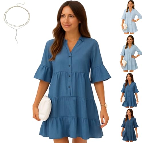 Alltoright Jeanskleid Halbarm V-Ausschnitt Rüschenbesatz Sommerkleid - Leichte atmungsaktive Jeansoptik, dunkelblau, M Alltoright Jeanskleid Halbarm V-Ausschnitt Rüschenbesatz Sommerkleid - Leichte atmungsaktive Jeansoptik, dunkelblau, M von Generisch
