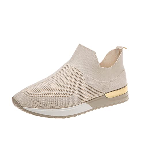 Atmungsaktive Mesh-Sneaker für Damen, gestrickt, flache Schuhe, Slip-On-Sneaker, Laufschuhe, Sport, Walking-Sneaker, leichte Walking-Sneaker, Lauf-Trainingsschuhe, bequeme Sneaker, beige, 42 EU von Generisch