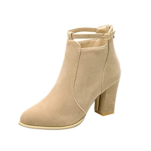 Beflockung und Material Absätze Mode mit dicken hohen Stiefeln Schuhe Damen Heels Damenstiefel Lederstiefel Frauen Kurz, beige, 39 EU von Generisch