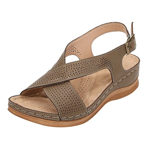 Bohemian-Sandalen mit abgeschrägtem Absatz für Damen – Keilabsatz, flache Sohle, Peep-Toe, hohles Loch, Sommerschuhe mit Knöchelstarp, verstellbare Schnalle, bequeme Schnalle, geeignet für den von Generisch