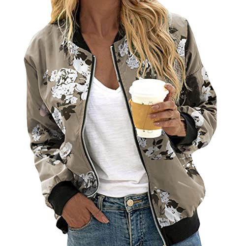 Bomberjacke Damen Blumenmuster Coat Sommer Blouson Reißverschluss Herbst Frühling Jacket Mädchen Sommerjacke Kurz Outwear College Jacke Leichte Pilotenjacke Fliegerjacke Khaki#01 L von Generisch