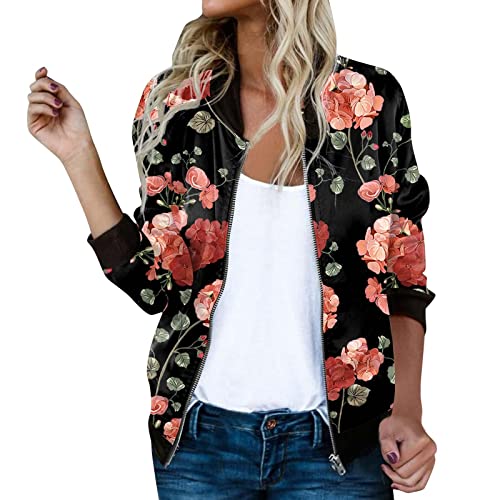 Bomberjacke Damen Blumenmuster Coat Sommer Blouson Reißverschluss Herbst Frühling Jacket Mädchen Sommerjacke Kurz Outwear College Jacke Leichte Pilotenjacke Fliegerjacke Wassermelonenrot S von Generisch