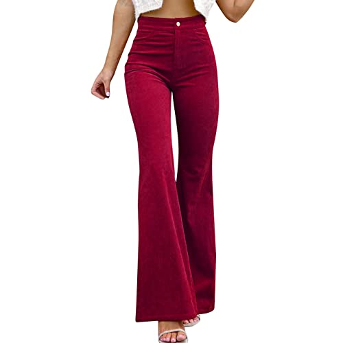 Bootcut Cordhose Damen Stretch Schlaghose Hose Skinny Bauchweg Warm Jogginghose Atmungsaktive Cord Hosen Langgröße Outdoorhose Bequeme Elegant Damenhose Lang High Waist Relaxhose (ZbA-Wine, XXL) von Generisch