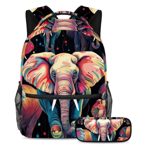Bunte Elefanten-Utensilien, 2-teiliges Kinder-Schultaschen-Set mit großem Rucksack und Federmäppchen für Jungen, Mädchen, Teenager, Mehrfarbig Nr. 02, B：29.4x20x40cm P：19x7.5x3.8cm, Tagesrucksäcke von Generisch