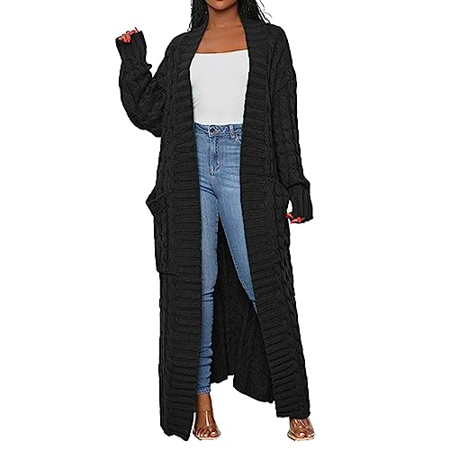 Cardigan Damen Herbst Winter Casual Strickcardigan Solid Mantel for Female Schlichte Knopfleiste Große Tasche Langarm Bluse Gelb Freizeit Pullover Freizeit Locker Warm Blouse (Black, XXXL) von Generisch