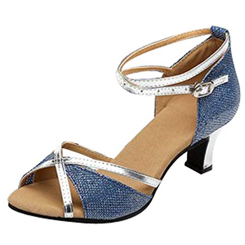 Damen Ballsaal Tanzschuhe Quadratisch Latein Ballsaal Schuhe Tanzschuhe Damen Mittelabsätze Lederriemen Heels, blau, 40 EU von Generisch