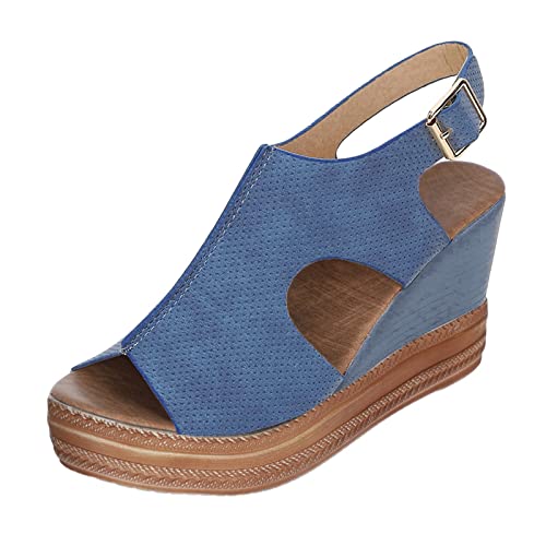 Damen Bohemia High Wedge Sandal Espadrilles Mode Sandalen Damenfußschuh Keile Frauen Schnalle feste rote Riemen Damensandalen Plattform Keilsandalen Atmungsaktive Schuhe Damen (Blue, 37) von Generisch