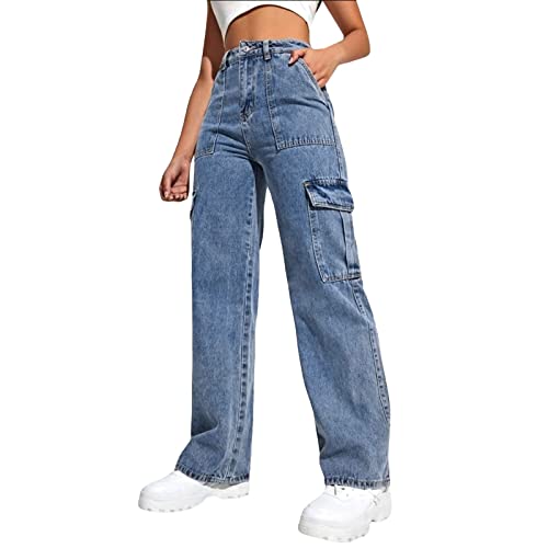 Damen Cargohose Baggy Low Waist Cargo Jeans Gerade Breites Bein Denim Hosen Y2k Aesthetic Vintage Jeanshosen 101er Streetwear Jeanshose Straight Leg Pants Loose Fit Boyfriend Pants Teenager Mädchen von Generisch