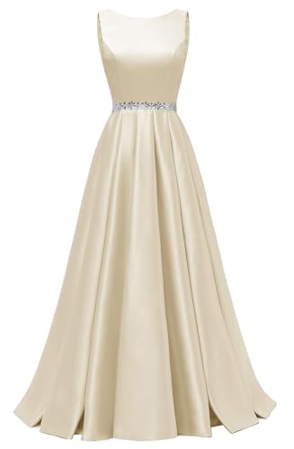 Damen Elegant Lange Ballkleider Perlen Gürtel Satin A-Linie Hochzeitskleid Abendkleider Formal Abend Party Ball AbendkleiderChampagner 42 von Generisch