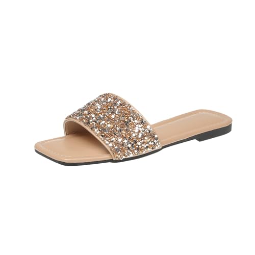 Damen-Flip-Flops für den Sommer, flache Unterseite, Pailletten, Strass, niedliche Damen-Hausschuhe mit Schleife, khaki, 38.5 EU von Generisch