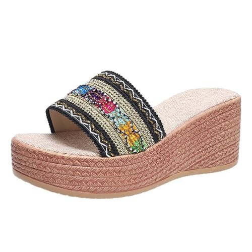 Damen-Hausschuhe, buntes Band, eine Linie, offener Zehenbereich, Plateau, Keilabsatz, dicke Sohle, Hausschuhe, Outdoor-Sliders, Schwarz , 40.5 EU Damen-Hausschuhe, buntes Band, eine Linie, offener Zehenbereich, Plateau, Keilabsatz, dicke Sohle, Hausschuhe, Outdoor-Sliders, Schwarz , 40.5 EU von Generisch