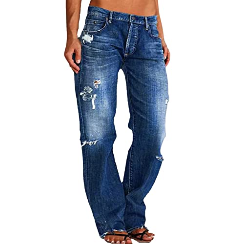 Damen Jeans Mit Geradem Bein Für Zerrissenem Saum Und Niedriger Taille Hose Stretchhose Stretch Jeanshose Stoffhose Blau Skinny Damenhose Lockere Elastische Jeanshosen Outdoor Hosen (BU1, XXXL) von Generisch