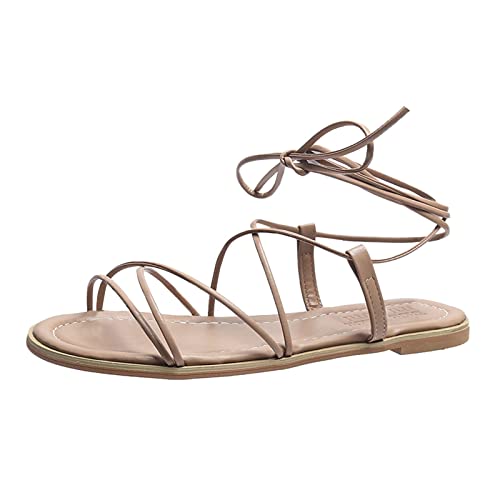 Damen Mode Sommer Leder Dünner Riemen Flache Knöchelriemen Sandalen Sandalen Sommer für Frauen, khaki, 38 EU von Generisch