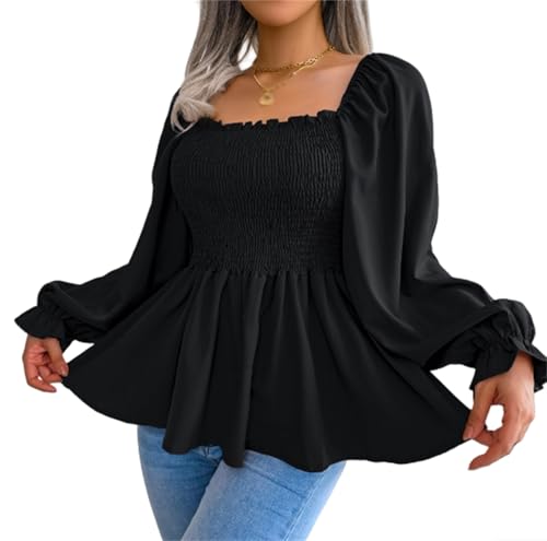 Damen Quadratischer Ausschnitt Langarm Chiffon Shirt Casual Rüschen Ausgestellter Saum Bluse für Frauen Babydoll Tunika Tops, Schwarz , S Damen Quadratischer Ausschnitt Langarm Chiffon Shirt Casual Rüschen Ausgestellter Saum Bluse für Frauen Babydoll Tunika Tops, Schwarz , S von Generisch