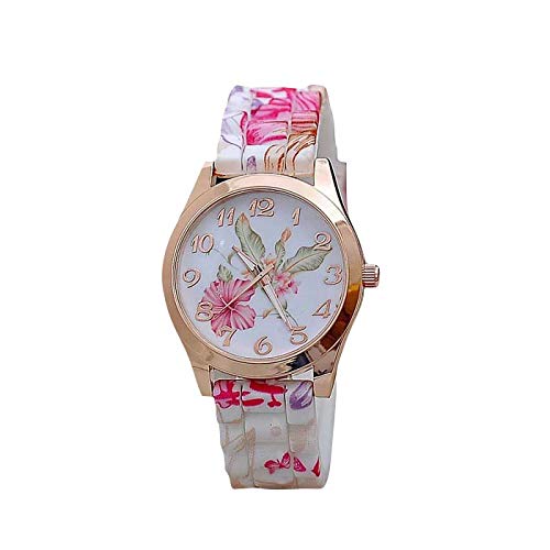 Damen Retro Armbanduhr Silikon-Blumen-verursachende Frauen-Armbanduhr-Quarz-PK-Uhr Uhr der gedruckten Frauen Mens Watch Elastisches Armband (Pink, One Size) von Generisch