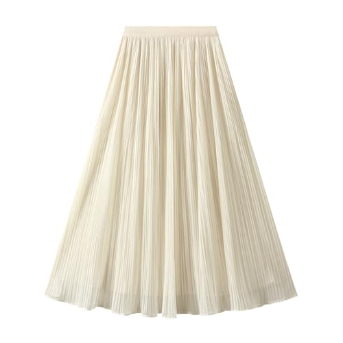 Generisch Damen Rock Knielang Faltenrock Sommerrock Lang Elegant Elastisch High Waist Plisseerock Strandrock Chiffon Midi Lang Casual Knielang Rock Damen Mädchen One Size C Beige von Generisch