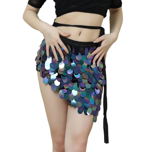 Damen Rock Pailletten Quasten Rock Rave Rock Bauchtanz Kostüm Bauchtanz Mini Rock Glitzer Rock Fransenrock Rock Hüftschal Karneval Kostüm Festival Fransen Röcke Wickelrock Damen Mädchen (C-Navy, L) von Generisch