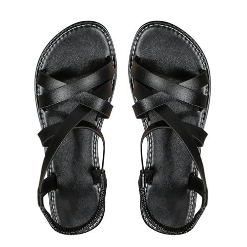 Damen Sandalen Elegant Leder | Riemchensandalen Flach Offener Zeh Sandalen Verstellbar Sandaletten Rutschfest Strandsandalen Kreuzriemen Sandaletten Vintage Römersandalen Boho Sommerschuhe von Generisch