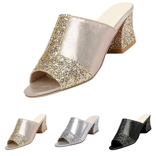 Damen-Sandalen mit Absatz, klassisch, Keilabsatz, Plateau-Sandalen, offener Zehenbereich, Schlupfschuhe, Blockabsatz, Schuhe mit Glitzer, leicht, bequem, gold, 39.5 EU Damen-Sandalen mit Absatz, klassisch, Keilabsatz, Plateau-Sandalen, offener Zehenbereich, Schlupfschuhe, Blockabsatz, Schuhe mit Glitzer, leicht, bequem, gold, 39.5 EU von Generisch