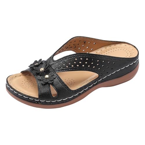 Damen-Sandalen mit Keilabsatz, Blume, weite Passform, Slipper, offener Zehenbereich, Plateauschuhe, ausgehöhlte Hausschuhe mit Fußgewölbeunterstützung, orthopädische Sandalen für den Urlaub, Schwarz Damen-Sandalen mit Keilabsatz, Blume, weite Passform, Slipper, offener Zehenbereich, Plateauschuhe, ausgehöhlte Hausschuhe mit Fußgewölbeunterstützung, orthopädische Sandalen für den Urlaub, Schwarz von Generisch