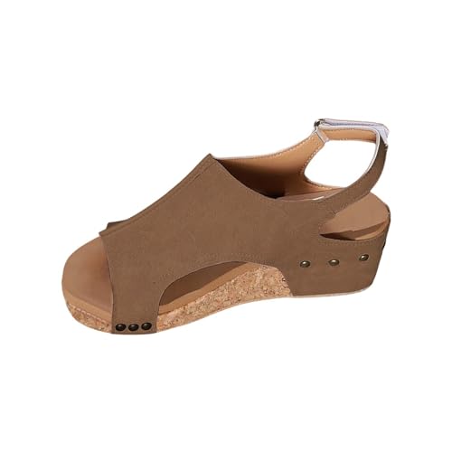 Damen-Sandalen mit Keilabsatz, dicker Boden, Fischmaul-Sandalen, Kork-Fußbett, seitliche Hohlkeilschuhe, Wildleder, Riemen, Schnalle, Freizeitschuhe, Peep-Toe, abgeschrägter Absatz, Party-Sandalen für von Generisch