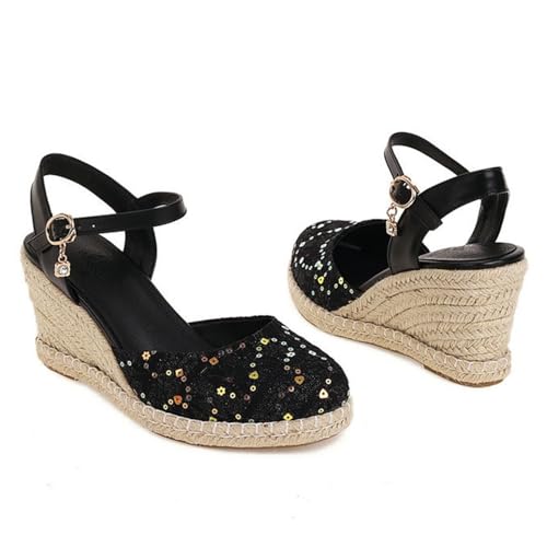 Damen-Sandalen mit geschlossenem Zehenbereich, Plateau, Keilabsatz, Slingback, Knöchelriemen, Schnalle, Espadrilles, Sommer, lässig, Kleid, Schwarz , 37 EU Damen-Sandalen mit geschlossenem Zehenbereich, Plateau, Keilabsatz, Slingback, Knöchelriemen, Schnalle, Espadrilles, Sommer, lässig, Kleid, Schwarz , 37 EU von Generisch