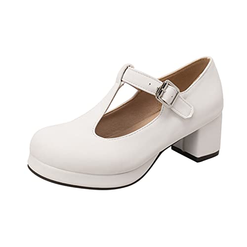 Damen-Schuhe, einfarbig, Leder, T-förmige Schnalle, runde Zehenpartie, dick, hoher Absatz, Stilettos, Hochzeit, Party, Arbeit, weiß, 39 EU Damen-Schuhe, einfarbig, Leder, T-förmige Schnalle, runde Zehenpartie, dick, hoher Absatz, Stilettos, Hochzeit, Party, Arbeit, weiß, 39 EU von Generisch