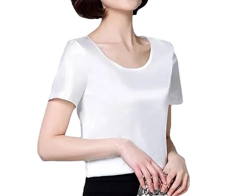 Damen-Shirt, lässig, Seide, Rundhalsausschnitt, kurzärmelig, Satin, einfarbiges T-Shirt, weiß, XL Damen-Shirt, lässig, Seide, Rundhalsausschnitt, kurzärmelig, Satin, einfarbiges T-Shirt, weiß, XL von Generisch