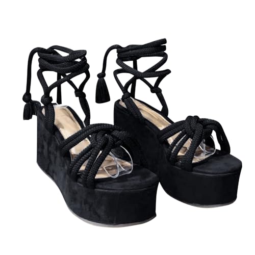 Damen Sommer Fischmaul Krawatte Slope Heel Sandalen Dicke Sohle Schuhe Sandalen Frauen unter 20, Schwarz , 38 EU von Generisch