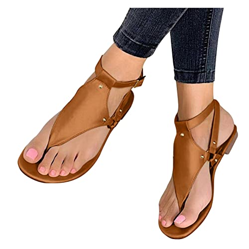 Damen Sommer Flache Sandalen Damen Flip Flops Flach Schuhe Sandaletten Sommer Freizeit Zehentrenner Sandaletten Strand Riemchensandalen Flip Flops Breite Füße Leder Orthopädische Slipper von Generisch