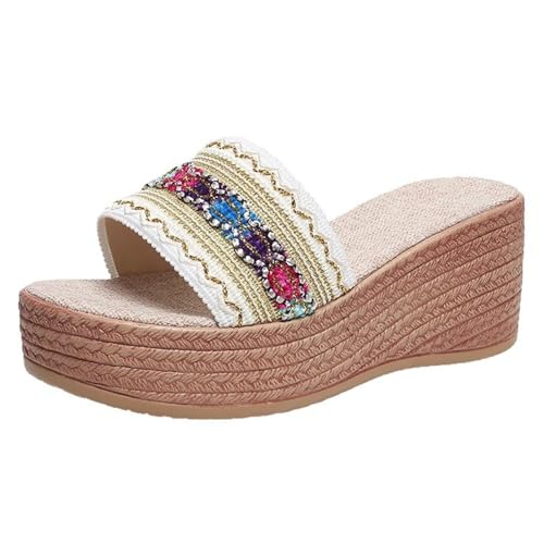 Damen Sommer-Sandalen mit Keilabsatz, Bohemian-Stil, römische Pantoletten, Espadrilles-Sandalen mit buntem Band, offener Zehenbereich, rutschfeste Hausschuhe, leichte Sommer-Damenschuhe, weiß, 40 EU Damen Sommer-Sandalen mit Keilabsatz, Bohemian-Stil, römische Pantoletten, Espadrilles-Sandalen mit buntem Band, offener Zehenbereich, rutschfeste Hausschuhe, leichte Sommer-Damenschuhe, weiß, 40 EU von Generisch