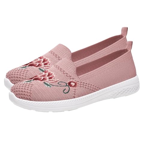 Damen-Sommer-Schuhe mit flachem Boden, flacher Schnitt, chinesische Blumenstickerei, atmungsaktiv und bequem, Freizeitschuhe, Größe 42, rose, 38 EU von Generisch