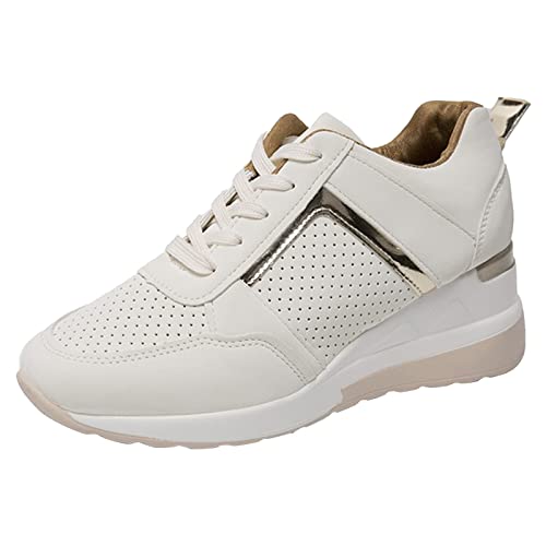 Damen-Sportschuhe, Sommermode, Leder, Schnürung, runder Kopf, atmungsaktiv, dicke Sohle, Freizeitschuhe, Damen-Trainingsschuhe, beige, 38.5 EU von Generisch