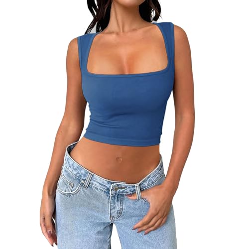 Generisch Damen Tank Top Kutz Ärmellose T Shirt Sommer Basic Top Viereckiger Ausschnitt Sexy Spaghettiträger Bauchfrei Tops Cropped Tanktops Crop Top Athletic Shirts für Frauen Kurzer Tanktop Elegant von Generisch