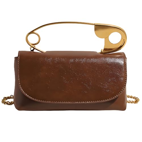 Damen-Umhängetasche, abnehmbare Kette, mit Nadelakzentuierung oben, Leder-Clutch, Geldbörse, Abendtasche, braun, 9.45 inch Damen-Umhängetasche, abnehmbare Kette, mit Nadelakzentuierung oben, Leder-Clutch, Geldbörse, Abendtasche, braun, 9.45 inch von Generisch