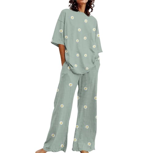 Damen-Umstandspyjama, Baumwolle, geeignet für Sommer, Rundhalsausschnitt, locker, kurzärmelig, Blumendruck, Oberteil, Shirt mit Hose, große Größe, 2er-Set, Schwarz, mintgrün, 5XL Damen-Umstandspyjama, Baumwolle, geeignet für Sommer, Rundhalsausschnitt, locker, kurzärmelig, Blumendruck, Oberteil, Shirt mit Hose, große Größe, 2er-Set, Schwarz, mintgrün, 5XL von Generisch