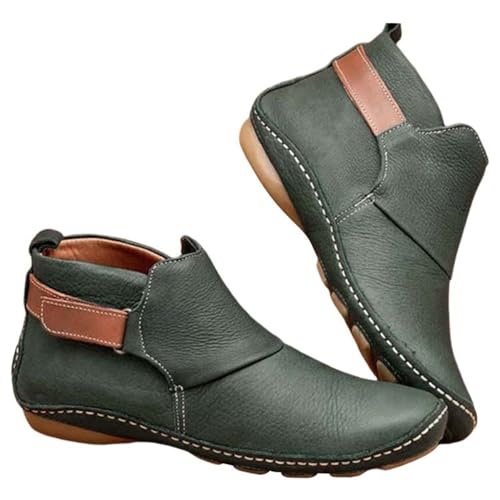 Damen Vintage Lederstiefel Flache Schuhe Winter Runde Zehen Stiefel Lederstiefel Größe 43, grün, 36.5 EU von Generisch