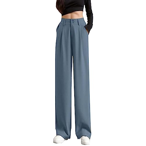 Damenhose mit weitem Bein Knopf Elegante Damenhose Sommer Entspannt elastische hohe Taille Business Arbeitshose Lange gerade Anzughose für Damen（Grau, XL） von Generisch