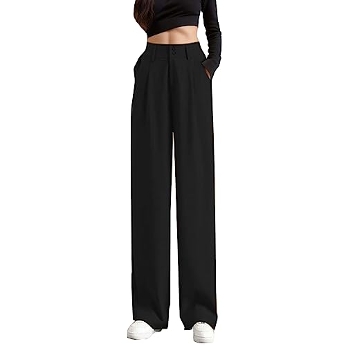 Damenhose mit weitem Bein Knopf Elegante Damenhose Sommer Entspannt elastische hohe Taille Business Arbeitshose Lange gerade Anzughose für Damen（Schwarz, M） von Generisch