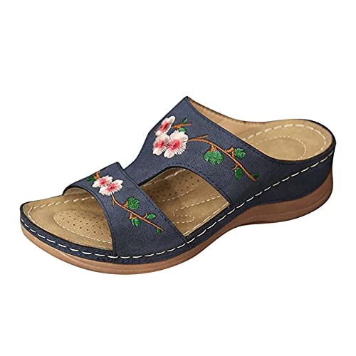 Damenschuhe mit Keilabsatz, modische Blume, Sommersandalen, Stickerei, Damensandalen, Wasserschuhe, blau, 38.5 EU von Generisch