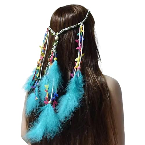 Feathered Headband Stirnband Haarband Boho Feder Haarband Perlen Feder Quaste Stirnband Schmuck Für Frauen Und Mädchen Weihnachten Bühne Performance Karneval (blau) von Generisch